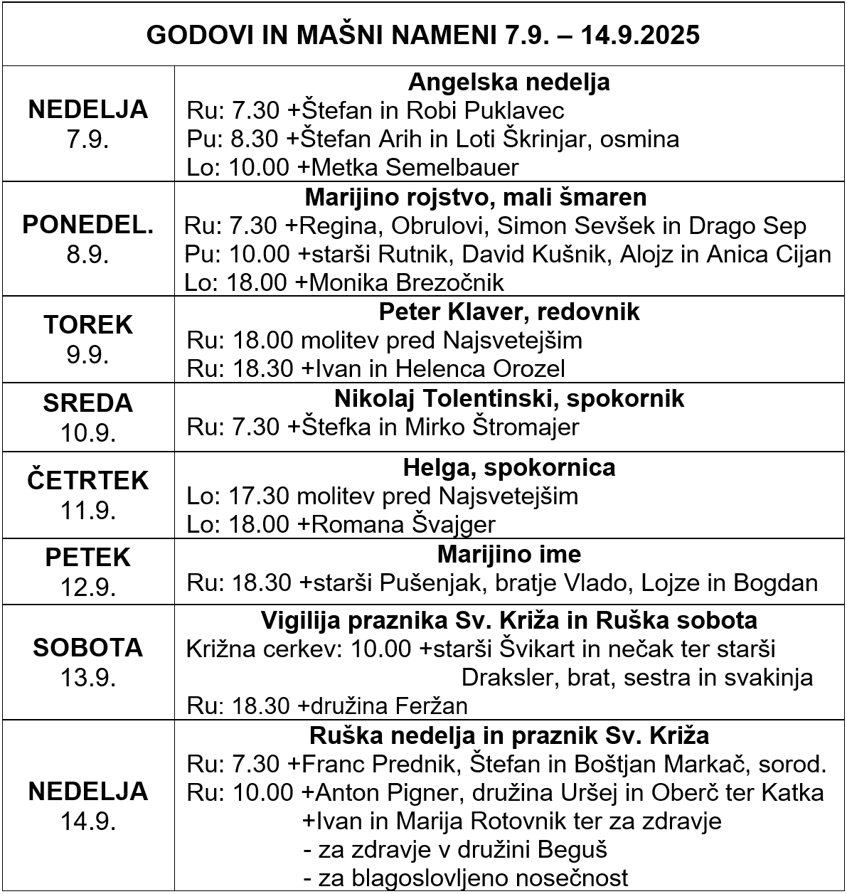 2025-09-07-23. nedelja med letom Mašni nameni in godovi