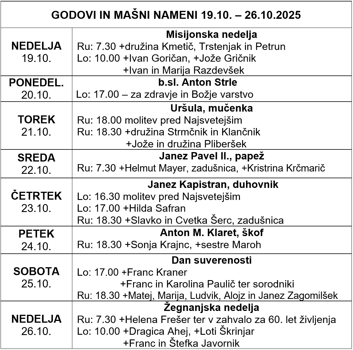 2025-10-18-29. nedelja med letom Mašni nameni in godovi